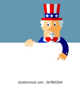 Uncle Sam holding a blank sheet pointing. Flat style vector illustration on gray background.  Common national personification of the American government. Symbol of USA