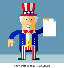 Uncle Sam holding blank sheet of paper. Flat style vector illustration on gray background.  Common national personification of the American government. Symbol of USA