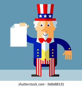 Uncle Sam holding blank sheet of paper. Flat style vector illustration on gray background.  Common national personification of the American government. Symbol of USA