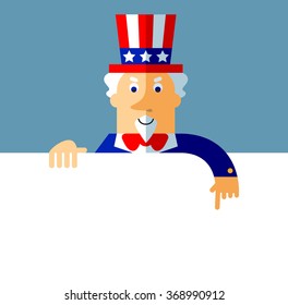 Uncle Sam holding a blank sheet pointing. Flat style vector illustration on gray background.  Common national personification of the American government. Symbol of USA