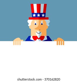 Uncle Sam holding a blank sheet. Flat style vector illustration on gray background.  Common national personification of the American government. Symbol of USA