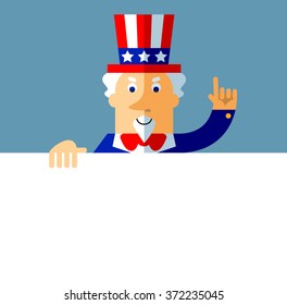 Uncle Sam holding a blank sheet making attention gesture with forefinger. Flat style vector illustration on gray background.  Common national personification of the American government. Symbol of USA