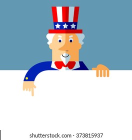 Uncle Sam holding a blank sheet pointing. Flat style vector illustration on gray background.  Common national personification of the American government. Symbol of USA