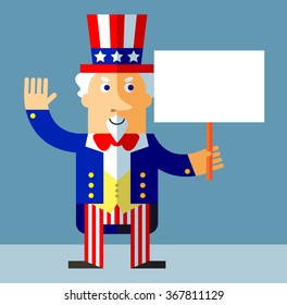 Uncle Sam holding a blank sign. Flat style vector illustration on gray background.  Common national personification of the American government. Symbol of USA