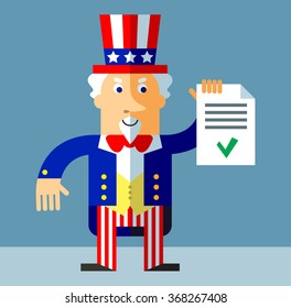 Uncle Sam  holding check list. Flat style vector illustration on gray background.  Common national personification of the American government. Symbol of USA