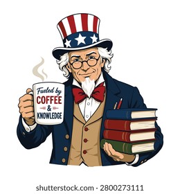 Uncle Sam Holding Coffee Mug with Books Vintage Patriotic American Knowledge Education T Shirt Design Illustration Vector EPS