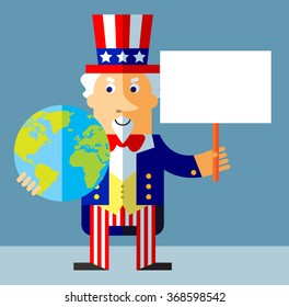 Uncle Sam holding a globe and blank sign. Flat style vector illustration on gray background.  Common national personification of the American government. Symbol of USA
