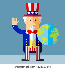 Uncle Sam holding a globe and waving hand. Flat style vector illustration on gray background.  Common national personification of the American government. Symbol of USA