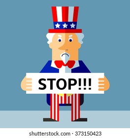 Uncle Sam  holding a stop sign. Flat style vector illustration on gray background.  Common national personification of the American government. Symbol of USA