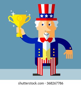 Uncle Sam holding winning trophy. Flat style vector illustration on gray background.  Common national personification of the American government. Symbol of USA