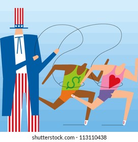 Uncle Sam holds back two runners with leashes