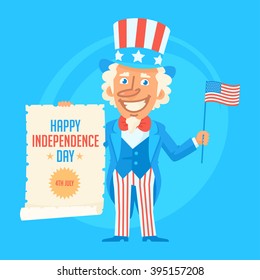 Uncle Sam Holds Flag and Paper Scroll