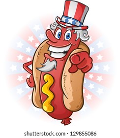 Uncle Sam Hot Dog Cartoon Character on The Fourth of July
