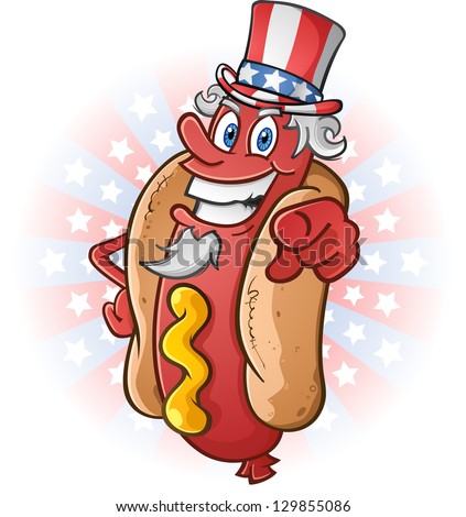 Uncle Sam Hot Dog Cartoon Character on The Fourth of July