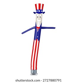 Hombre inflable del tubo de baile del tío Sam aislado en el fondo blanco. Ilustración vectorial realista. Marioneta extravagante de bailarina de la bandera de EE. Bailarina de aire para EE.UU. diseño patriótico