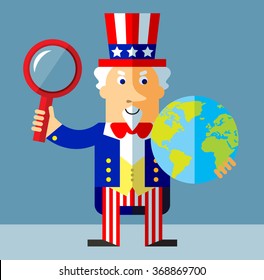 Uncle Sam with magnifier glass and globe. Global search. Flat style vector illustration on gray background.  Common national personification of the American government. Symbol of USA