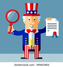 Uncle Sam with magnifier glass and graduation diploma. Flat style vector illustration on gray background.  Common national personification of the American government. Symbol of USA