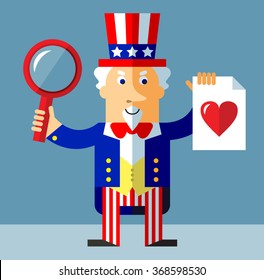 Uncle Sam with magnifier glass and heart icon. Online Dating. Flat style vector illustration on gray background.  Common national personification of the American government. Symbol of USA
