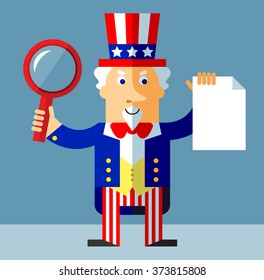 Uncle Sam with magnifier glass holding blank sheet of paper searching. Flat style vector illustration on gray background.  Common national personification of the American government. Symbol of USA