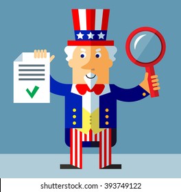 Uncle Sam with magnifier glass and OK checklist. Successful searching. Flat style vector illustration on gray background.  Common national personification of the American government. Symbol of USA