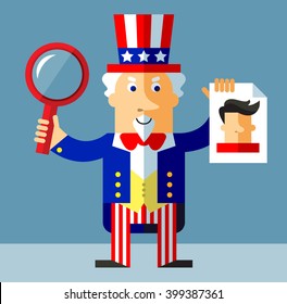 Uncle Sam with magnifier glass and person photo. Searching. Flat style vector illustration background.  Common national personification of the American government.