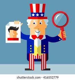 Uncle Sam with magnifier glass and person photo. Searching. Flat style vector illustration on gray background.  Common national personification of the American government. Symbol of USA