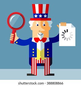 Uncle Sam with magnifier glass and preloader icon. Searching. Flat style vector illustration on gray background.  Common national personification of the American government. Symbol of USA