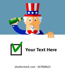 Uncle Sam making green check mark in check box. Voting. Right Choice. Flat style vector illustration on gray background.  Common national personification of the American government. Symbol of USA