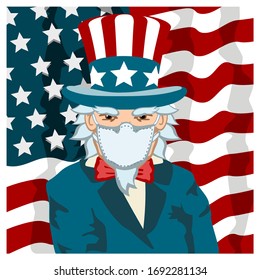 Uncle Sam in a medical mask on the background of the American flag against the coronavirus covid-19