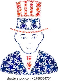 Uncle Sam mosaic of stars in various sizes and color tints. Uncle Sam illustration uses American official blue and red colors of Democratic and Republican political parties, and star parts.