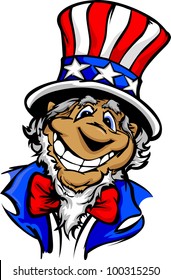 Uncle Sam on July 4th Mascot with Happy Smiling Face Wearing Stars and Stripes Hat Cartoon Vector Image