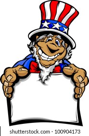 Uncle Sam on July 4th Mascot with Happy Smiling Face Wearing Stars and Stripes Hat and holding a Sign Cartoon Vector Image