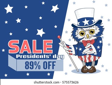 Uncle Sam Owl in a top hat, jacket and a bow-tie, with feathers painted in american flag colors, promoting and inviting to a holiday presidents' day sale, pointing to big SALE text box with percents