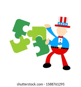 Uncle sam play puzzle cartoon doodle flat design style vector illustration