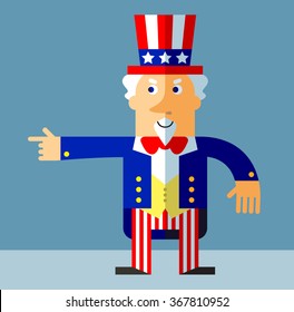 Uncle Sam pointing direction. Flat style vector illustration on gray background.  Common national personification of the American government. Symbol of USA