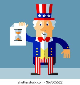 Uncle Sam with preloader icon. Flat style vector illustration on gray background.  Common national personification of the American government. Symbol of USA