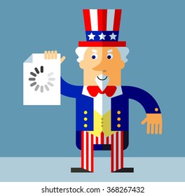 Uncle Sam with preloader icon. Flat style vector illustration on gray background.  Common national personification of the American government. Symbol of USA