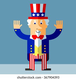 Uncle Sam raising his hands. Flat style vector illustration on gray background.  Common national personification of the American government. Symbol of USA