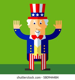 Uncle Sam raising his hands. Flat style vector illustration on gray background.  Common national personification of the American government. Symbol of USA