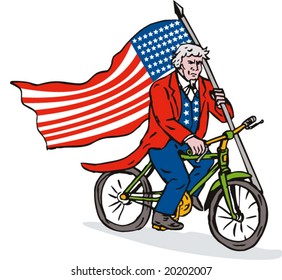 Uncle sam riding a bicycle with Flag which represents America going fuel conservation