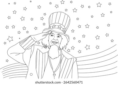 Tio Sam Saluting - Arte em linha do Dia da Independência, ilustração de arte em linha do Tio Sam em um chapéu de topo, saudando com estrelas e listras no fundo. Ideal para o Dia da Independência, 4 de julho,