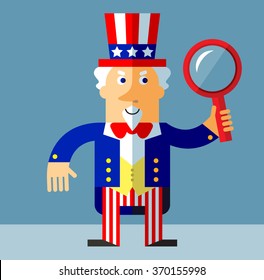 Uncle Sam  Seeing Through Magnifying Glass. Flat style vector illustration on gray background.  Common national personification of the American government. Symbol of USA