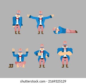 Uncle Sam set poses. Man happy and yoga. sleeping and angry. guilty and sad.