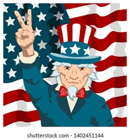 Uncle Sam shows hand victory sign on background american flag