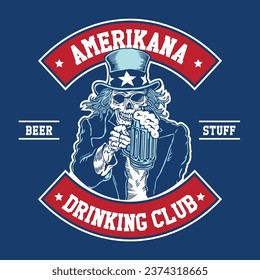 Uncle Sam Skull with Glass of Beer Hand Drawn Vector Illustration in Patch Design Style Drinking Club