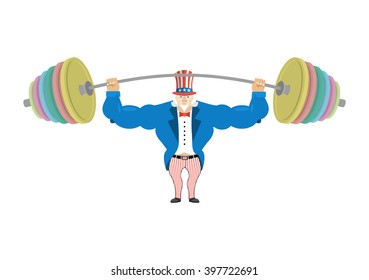 Uncle Sam and sports barbell. Powerful American Sport. Strong sportsman fitness goes in America. USA national person.  