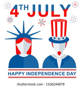 Uncle Sam and Statue of Liberty on Greeting card for Independence day of USA, july fourth celebration party with fireworks, flags. Flat vector illustration. Objects isolated on a white background.