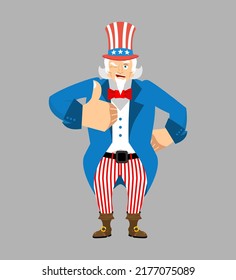 El tío Sam se da los pulgares hacia arriba y hace un guiño. Hombre, emoji feliz. Ilustración del vector