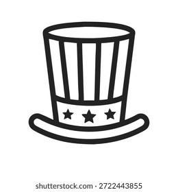Silueta del icono del sombrero de copa del tío Sam en estilo patriótico. Simbolizando a Estados Unidos, libertad, independencia y orgullo nacional. Ilustración vectorial aislada sobre fondo blanco. 