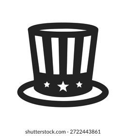 Uncle Sam Hut Symbol Silhouette im patriotischen Stil. Die USA symbolisieren Freiheit, Unabhängigkeit und Nationalstolz. Isolierte Vektorgrafik auf weißem Hintergrund. 